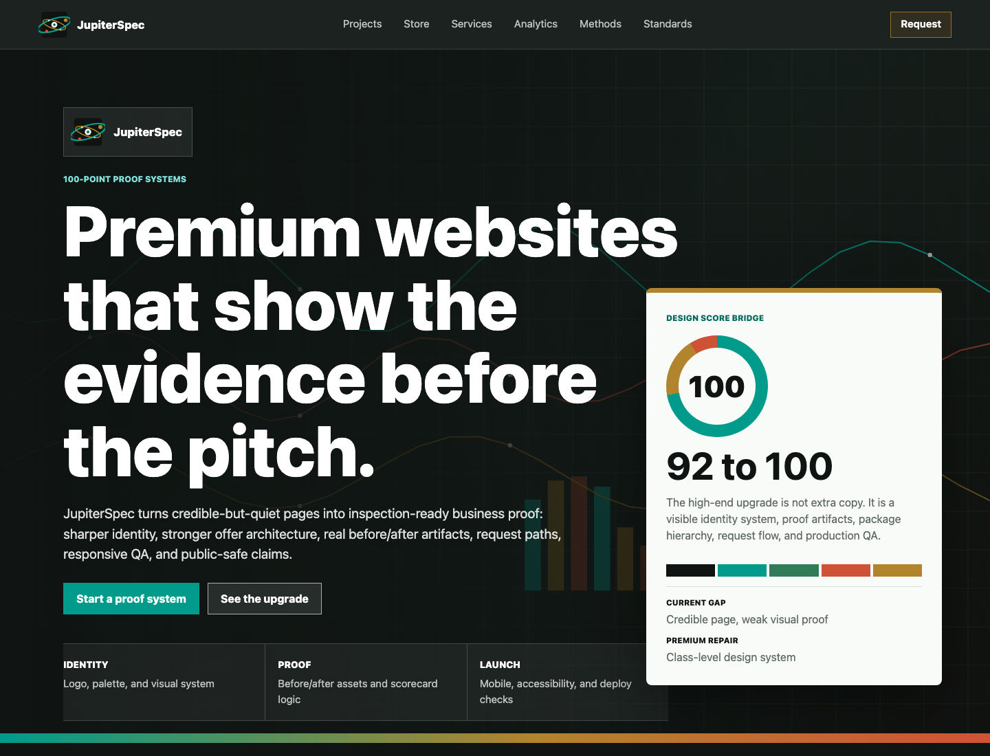 Updated JupiterSpec proof screenshot showing premium website evidence before the pitch.