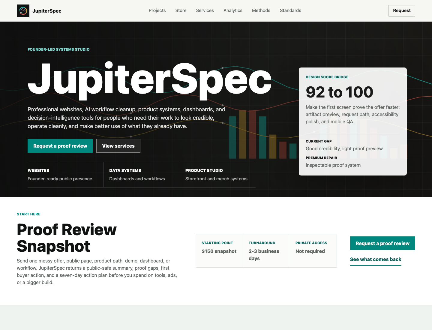 Earlier JupiterSpec homepage proof screenshot showing the 92 to 100 design bridge.