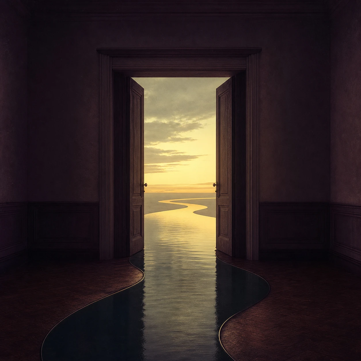 Open doorway meeting a ribbon of reflected dawn light, cover art for DREAMING OR REAL